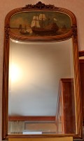 Большое антикварное зеркало - картина маслом "Парусники на рейде" в шикарном багете