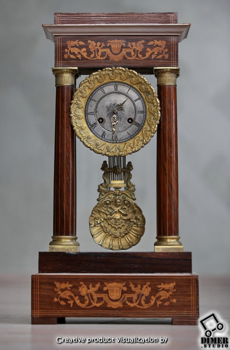 Французские часы портик с инкрустацией, в стиле &quot;Ампир&quot;, с боем Эксклюзивный ценный подарок на юбилей, дорогой удивляющий подарок руководителю - антикварные Французские каминные часы портик с боем. Классические антикварные Французские часы в стиле Ампир - лучший подарок руководителю, политику или бизнесмену, прекрасный подарок священнослужителю купить с доставкой по России в магазине ДариАнтик™.